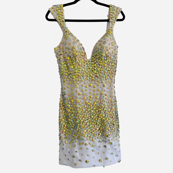 VIENNA White Iridescent Beaded Evening Cocktail Formal Mini Party Dress … - Picture 3 of 14